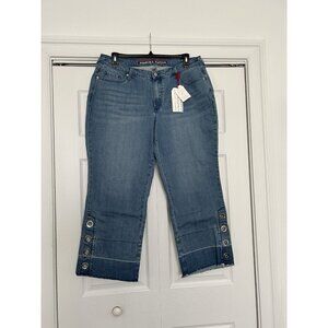 Standards & Practices Women Cropped Jeans Blue Stretch Frayed Eyelet Size 18x28